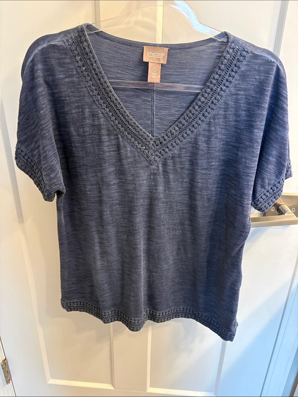 Chico's Indigo Blue V-Neck Crochet Trim Short Sleeve Top